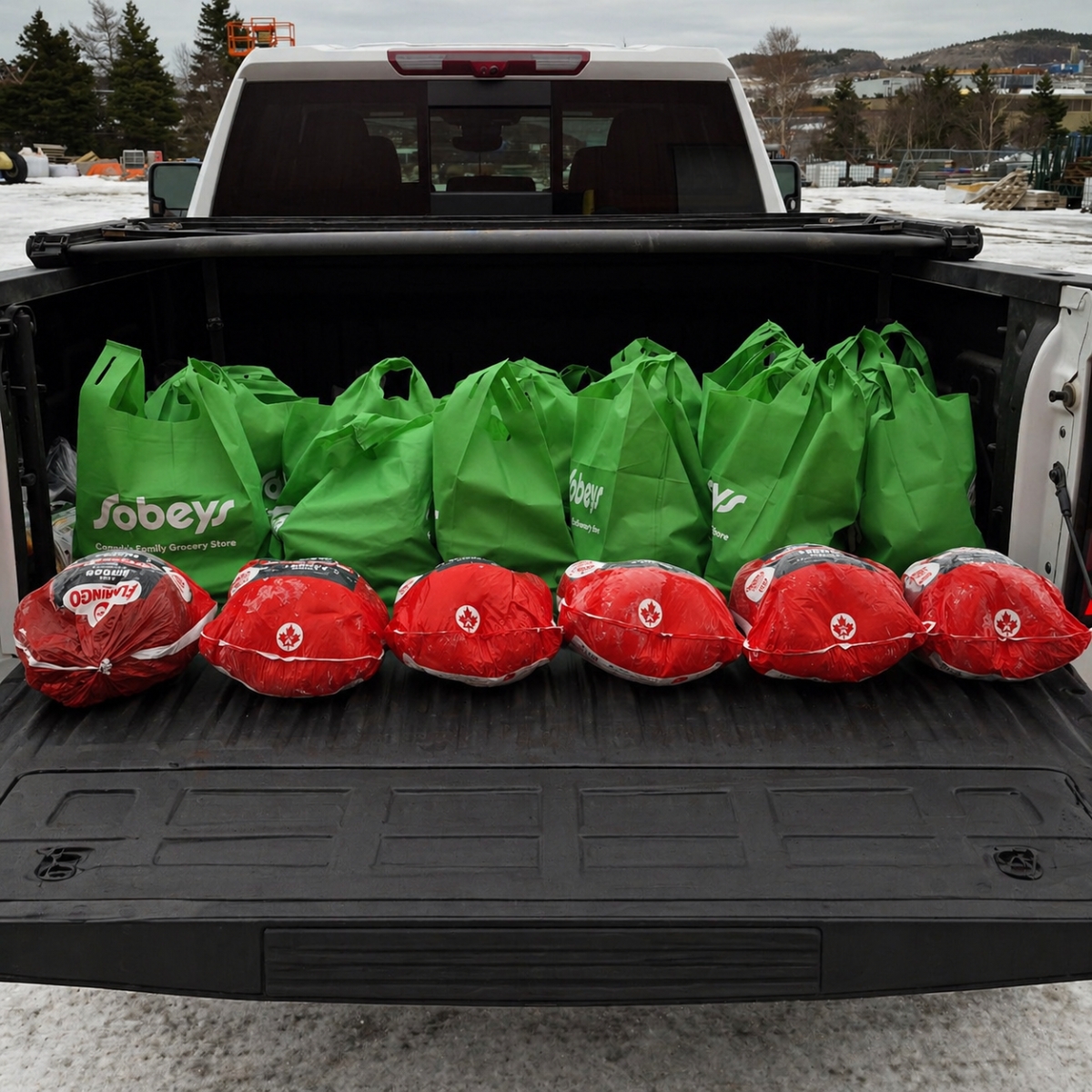 Bread and groceries in the trunk of a car